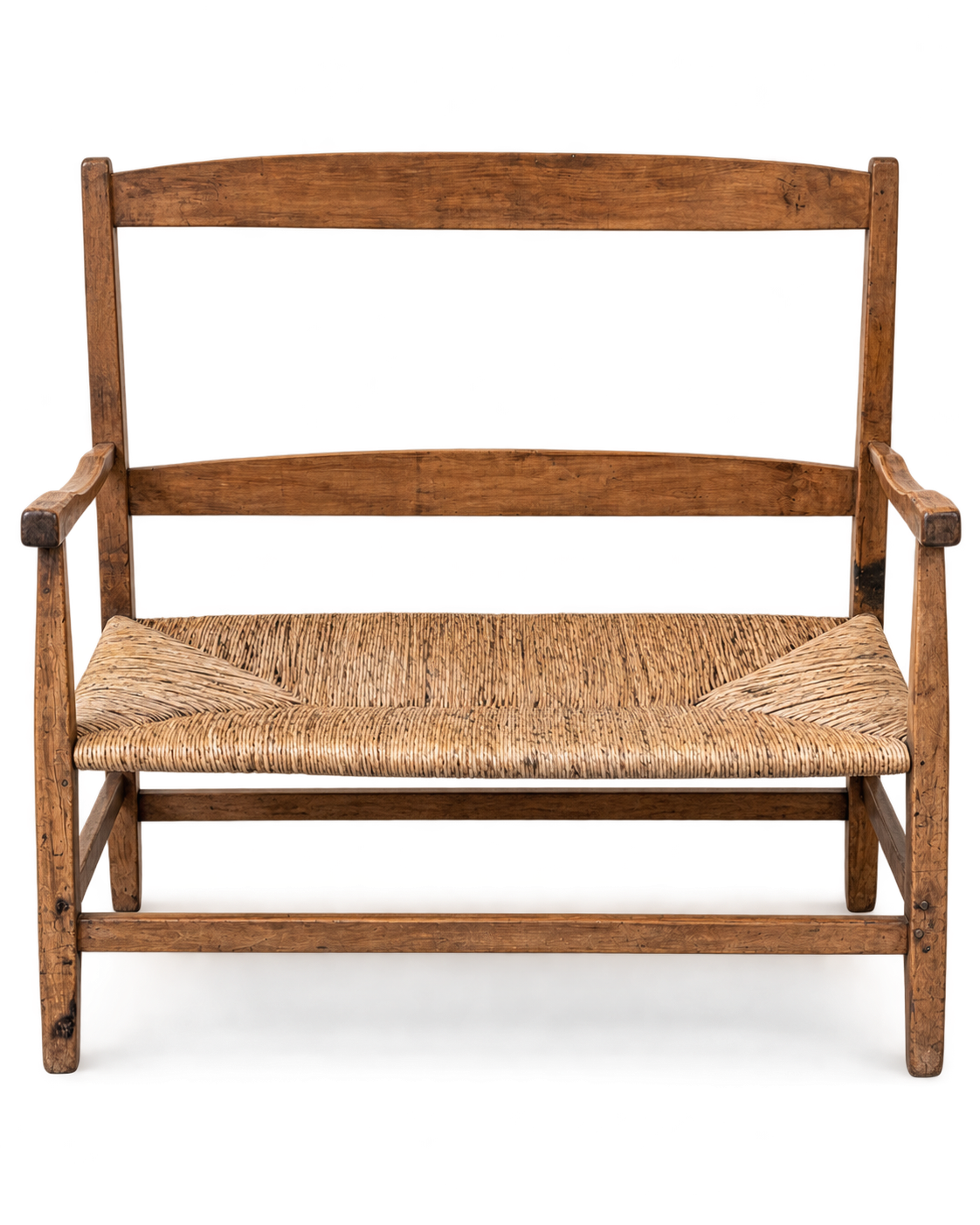 Antique English Arts & Crafts walnut and rush two-seater settee c.1900 shown from the front on a white background