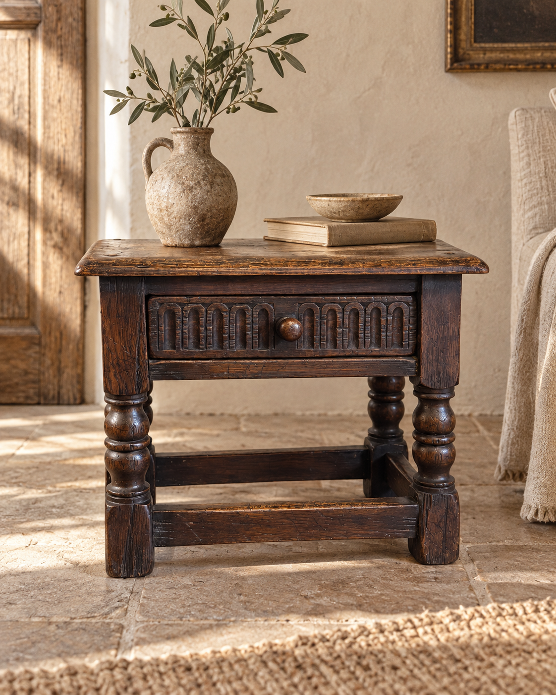 Antique carved oak joint stool side table styled in a warm neutral interior with limestone flooring, ceramics and olive branches
