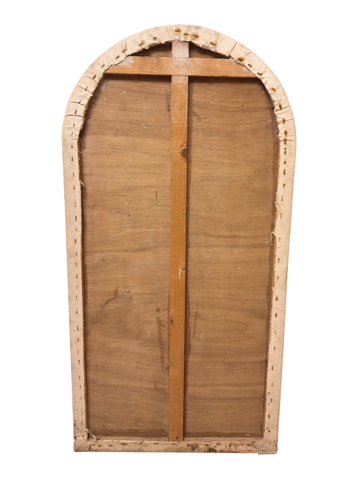 Reverse showing the wooden backing, timber braces, canvas margins and staining around the lower edge and fixings.