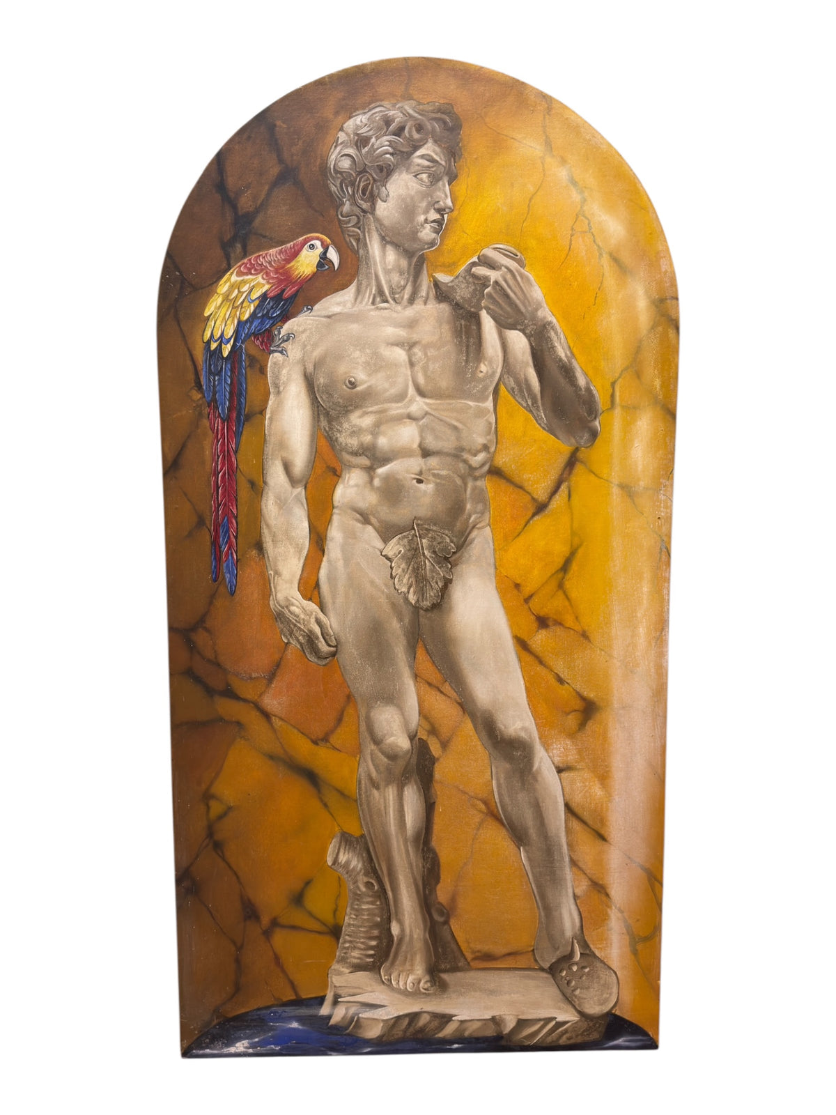 Full-length view of the David and macaw painting, showing its rounded arch, stone-effect figure and deep blue painted base.