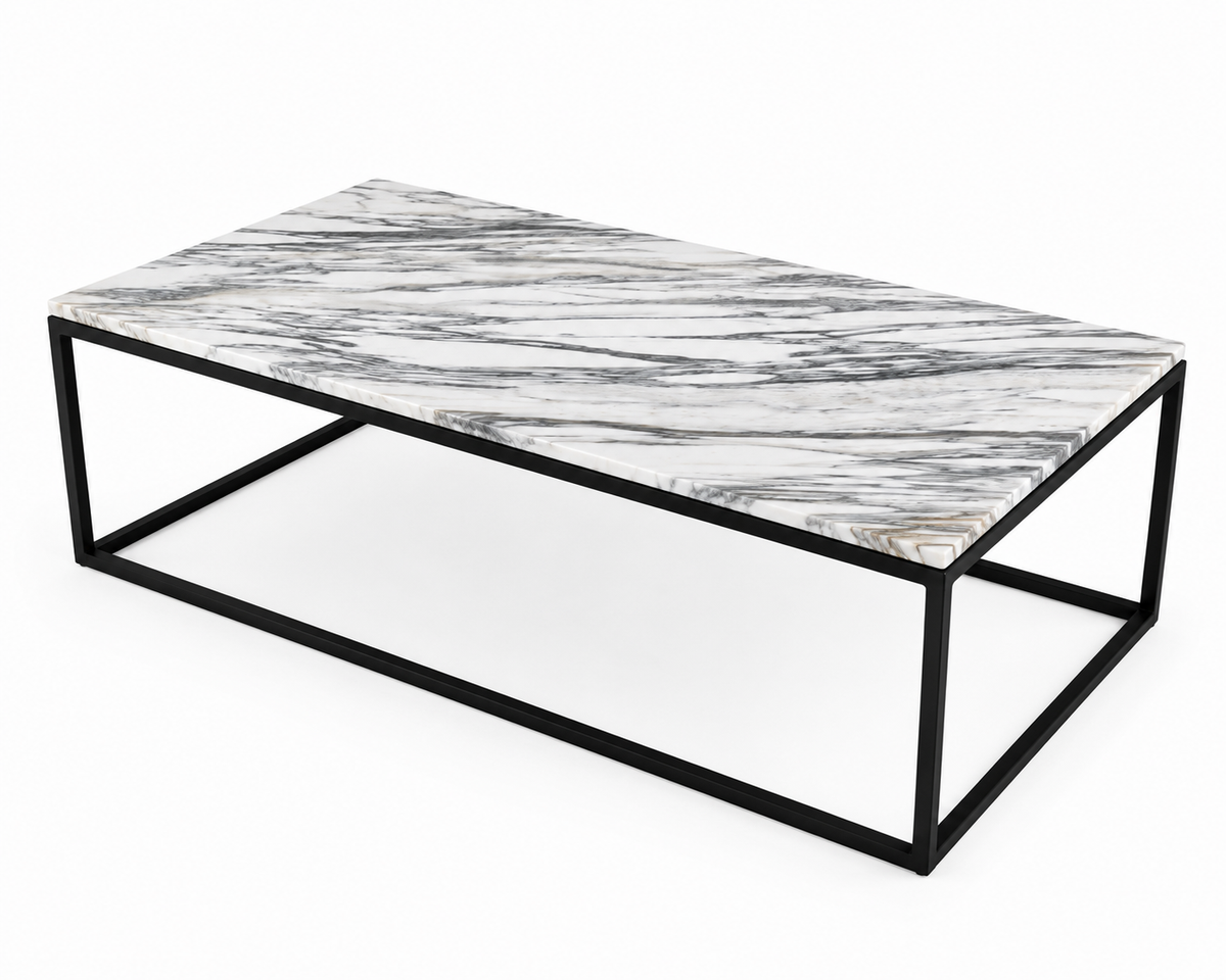 Angled view of a contemporary Calacatta Vagli marble coffee table featuring a genuine Italian marble top and minimalist black steel frame.