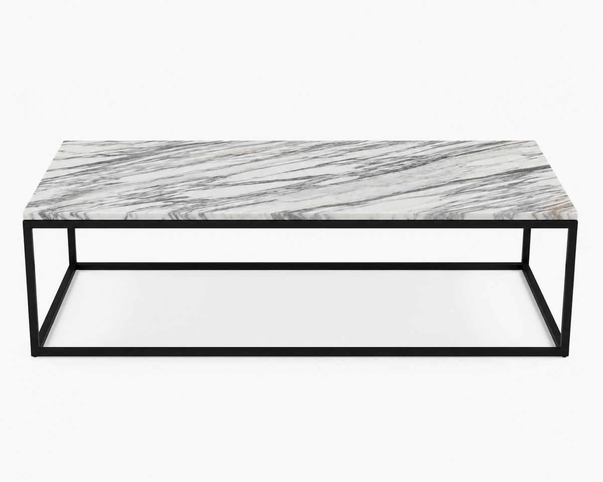 Contemporary Calacatta Vagli marble coffee table with polished Italian marble top and black powder-coated steel frame on a white background.