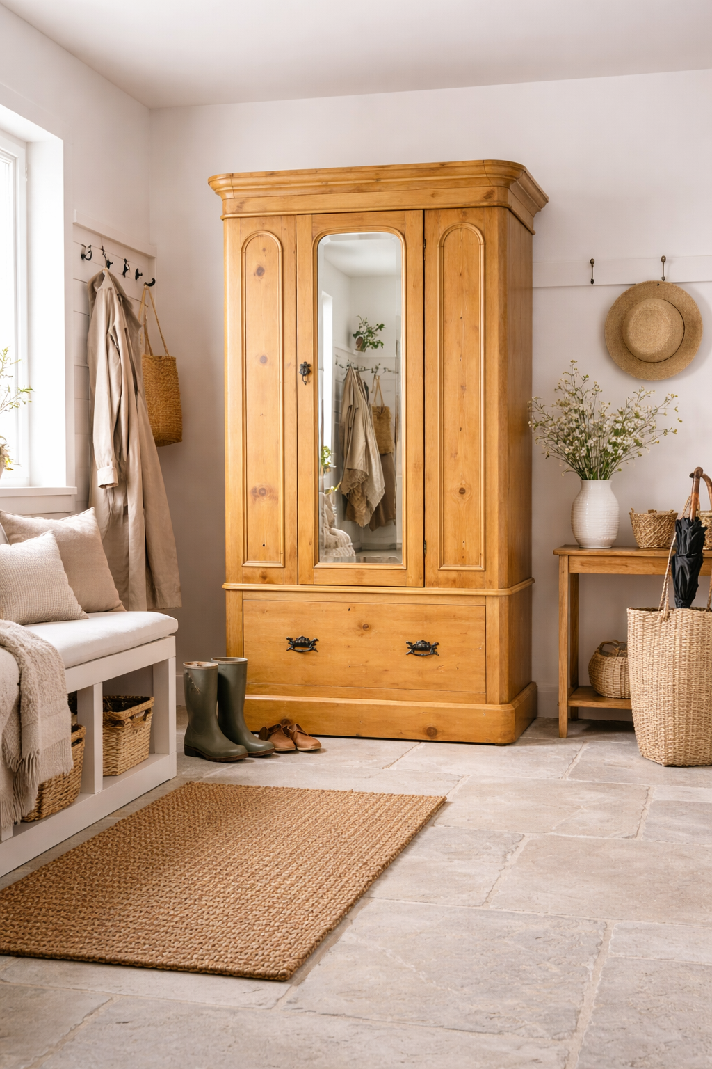 Antique pine single door wardrobe with mirrored door styled in a bright country hallway.