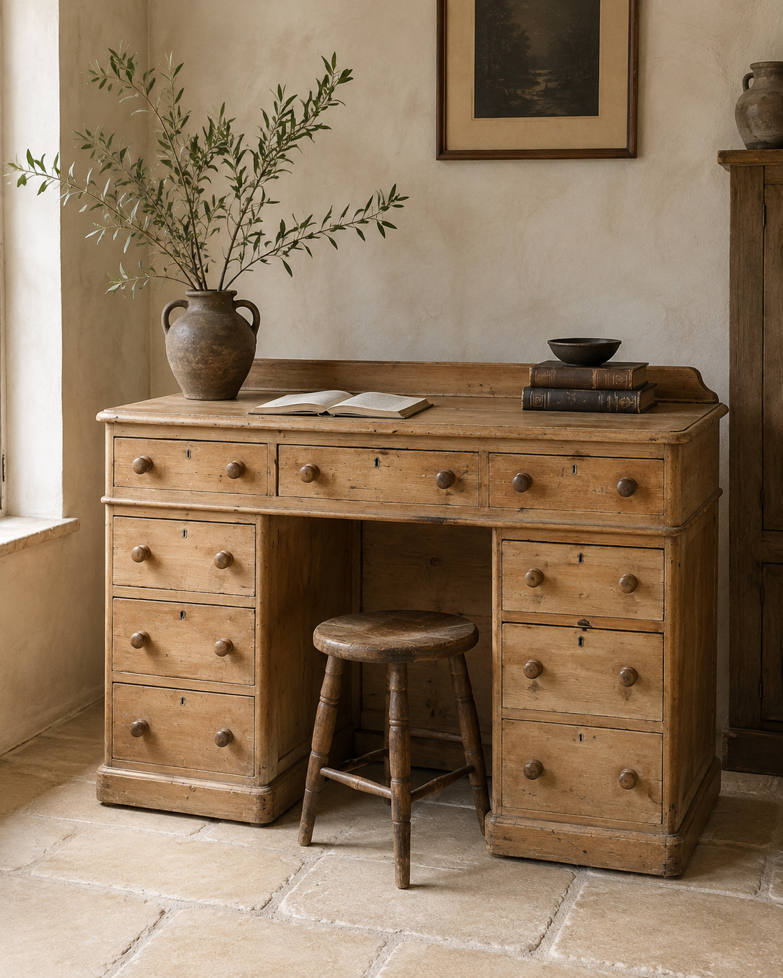 Victorian Pine Pedestal Desk with Raised Gallery, c.1880
