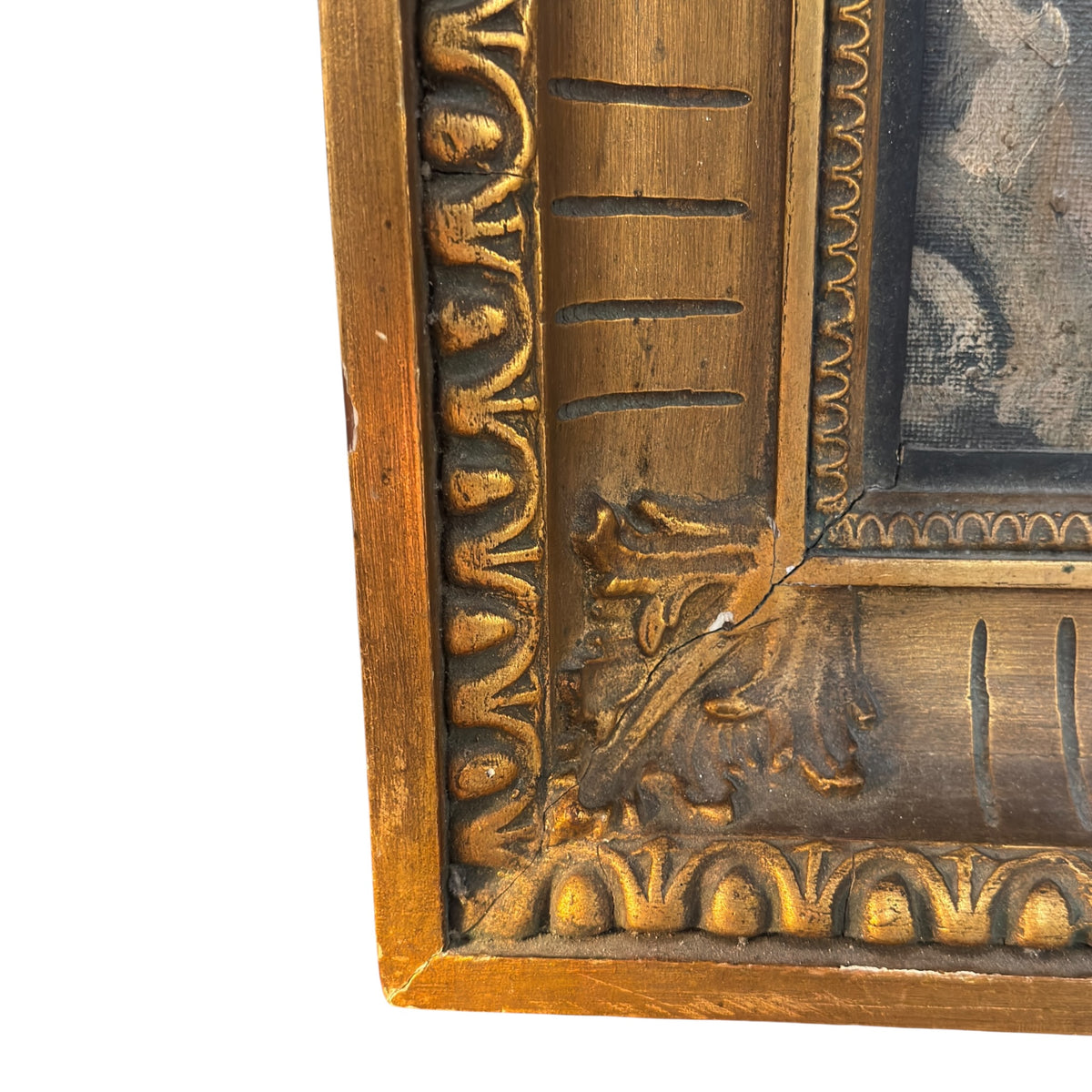 Lower left corner of the decorative gilt frame with leaf motifs, a cracked joint and small losses to the finish