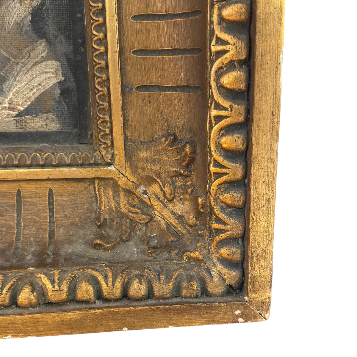 Lower right gilt frame corner showing decorative mouldings, cracks, small chips and wear to the finish