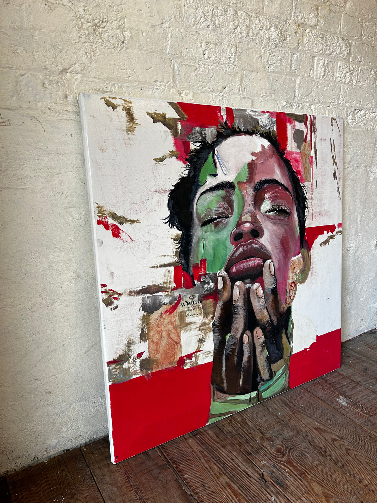 Angled view of Clive Fredriksson mixed media portrait showing the unframed canvas and 2 cm depth