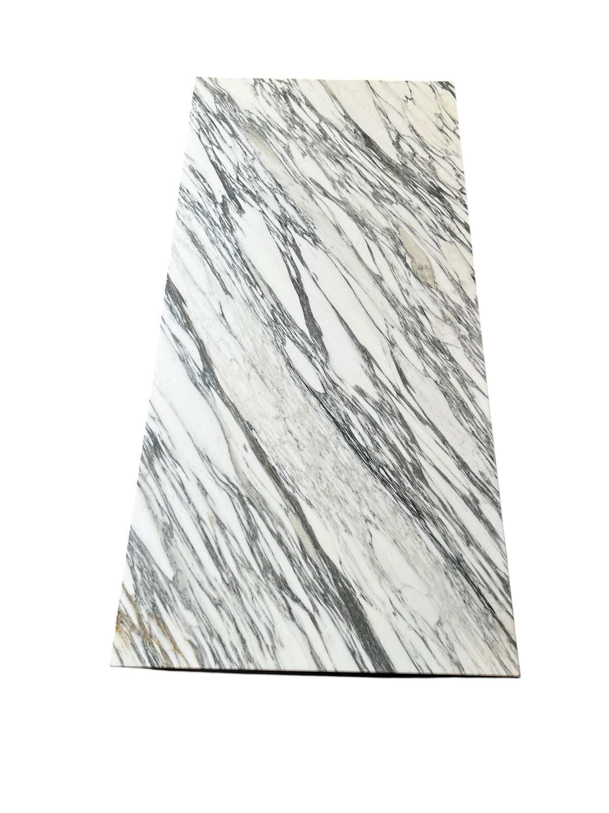 Top view of a genuine Calacatta Vagli marble coffee table highlighting the unique natural grey veining of the polished Italian stone.