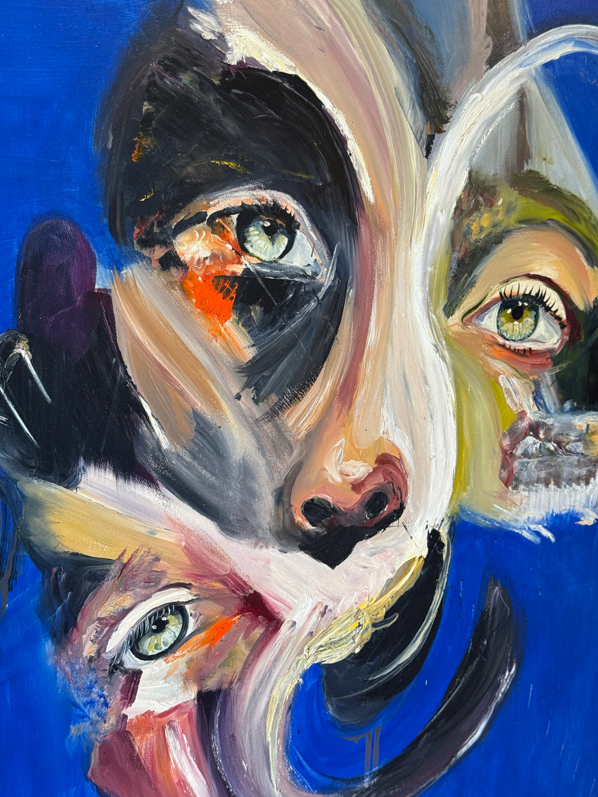 Close-up of Clive abstract portrait showing expressive layered brushwork, fragmented facial features and three painted eyes