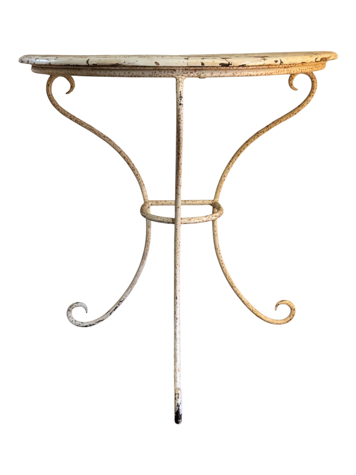 Vintage wrought iron demi-lune console table with distressed cream painted pine top and decorative scrolling legs.