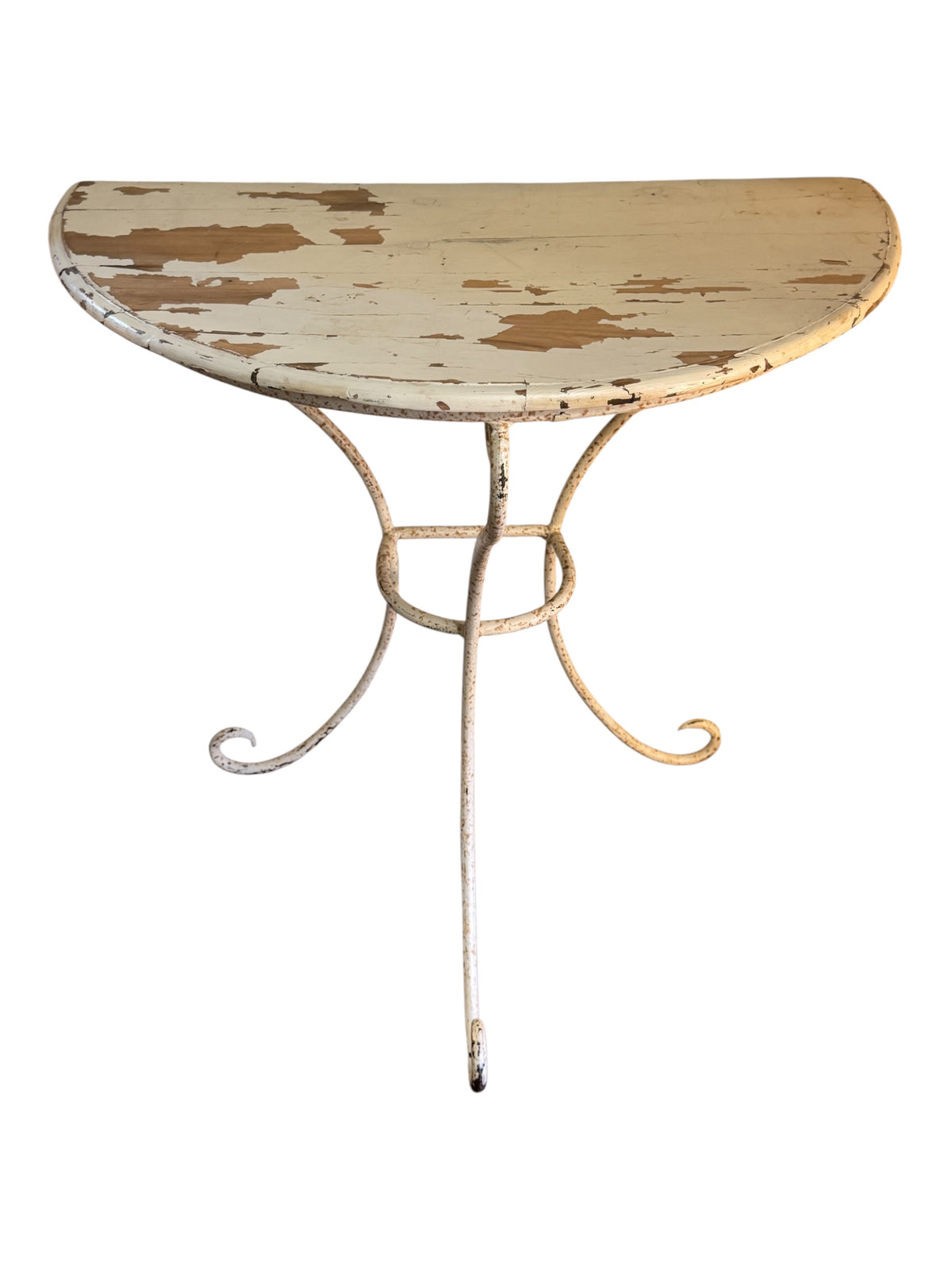 Vintage demi-lune console table with heavily distressed cream painted pine top and wrought iron base.