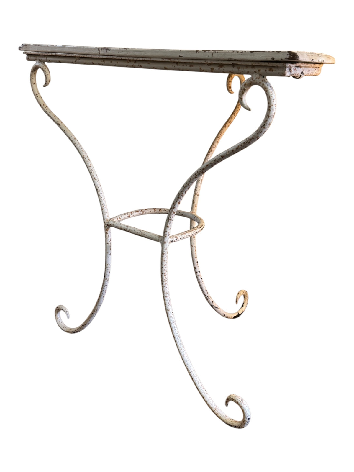French style vintage wrought iron demi-lune console table with curved scroll supports and distressed painted pine top.
