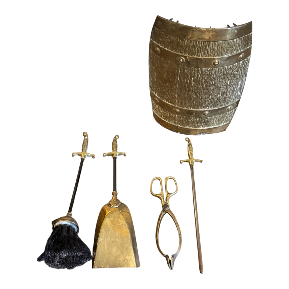 Antique Peerage Brass Fireside Companion Set with Sword Handles, c.1920