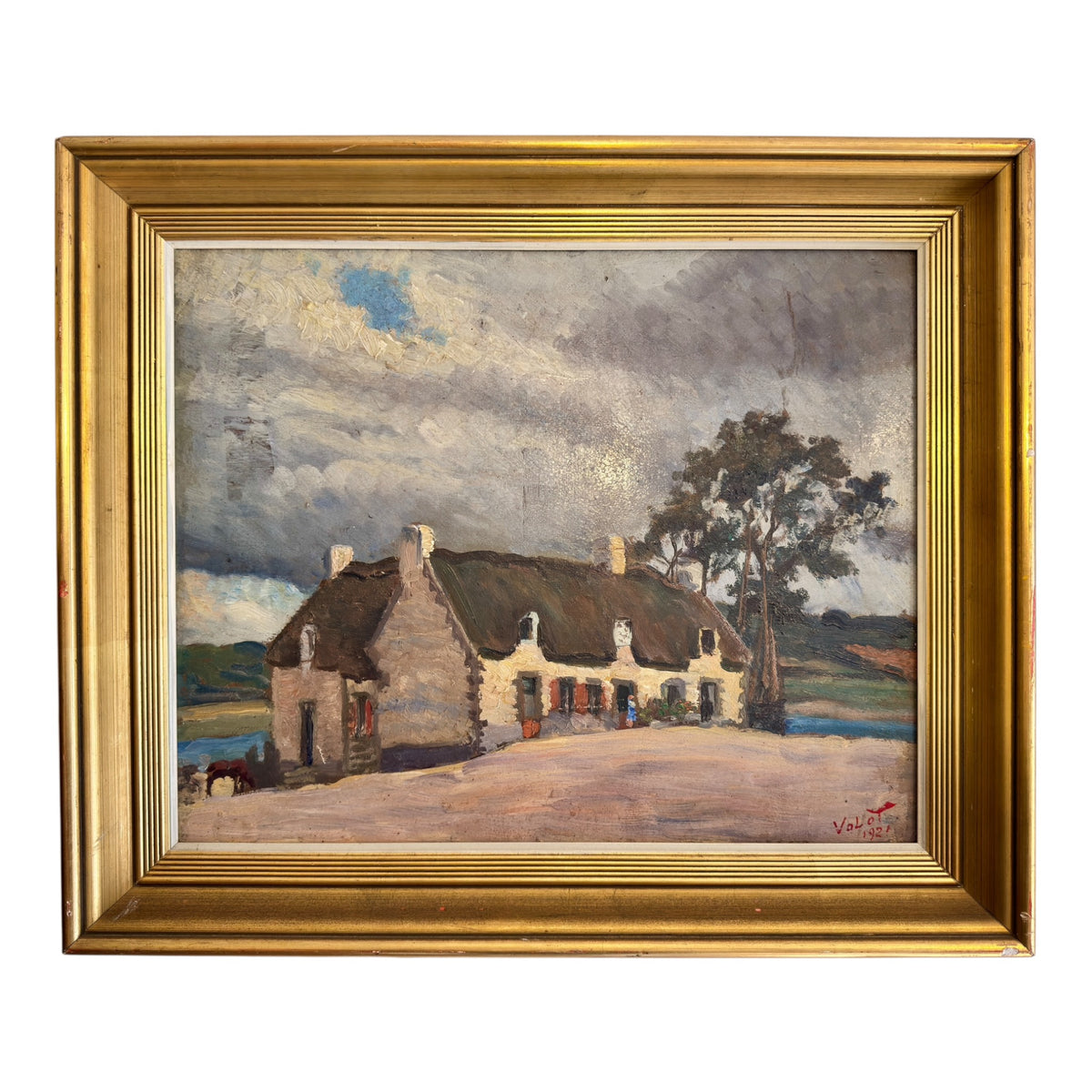 Antique French Cottage Oil Painting, Signed Valot, Dated 1921