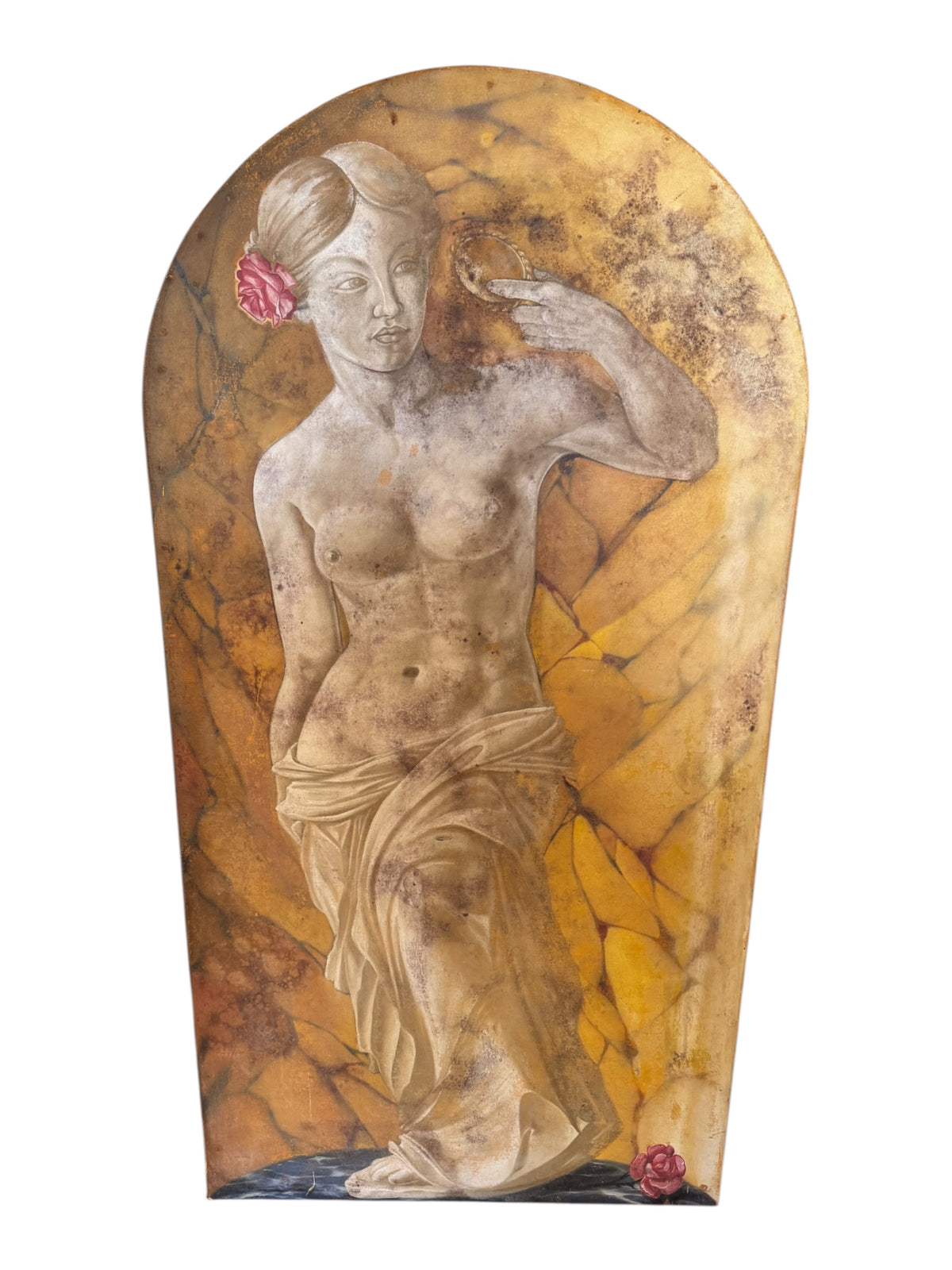 Full view of an arched classical maiden painting with a handheld mirror, pink roses and a golden marble-effect background