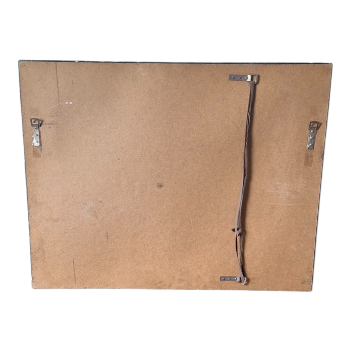 Rear view of antique ebonised wall mirror showing later hardboard backing, hanging fittings and leather hanging strap.