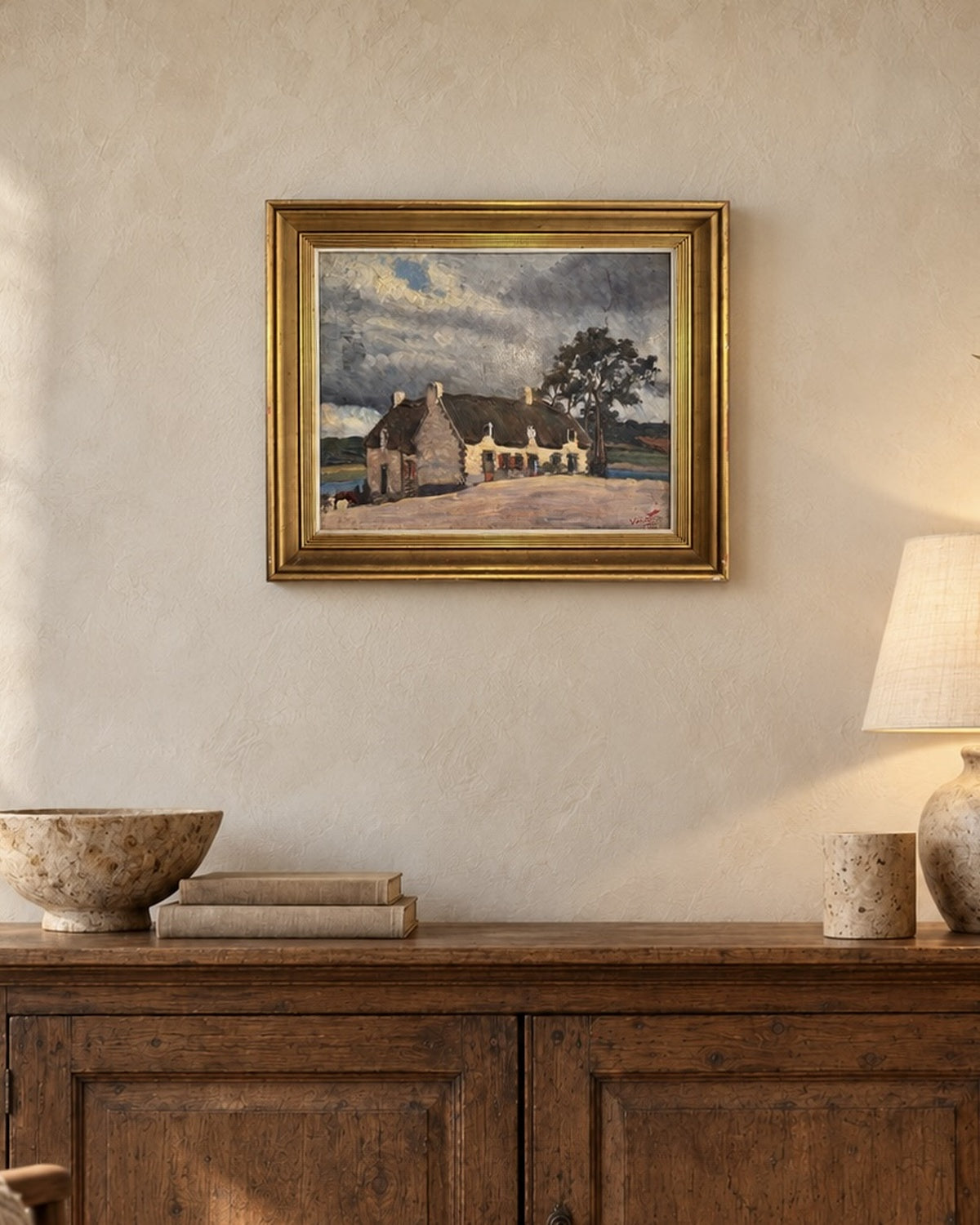 Antique French Cottage Oil Painting, Signed Valot, Dated 1921