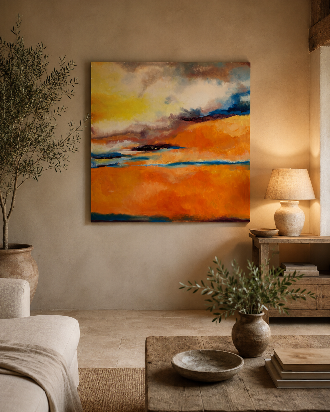 Clive Fredriksson abstract landscape displayed in a warm neutral interior with oak furniture and limestone flooring