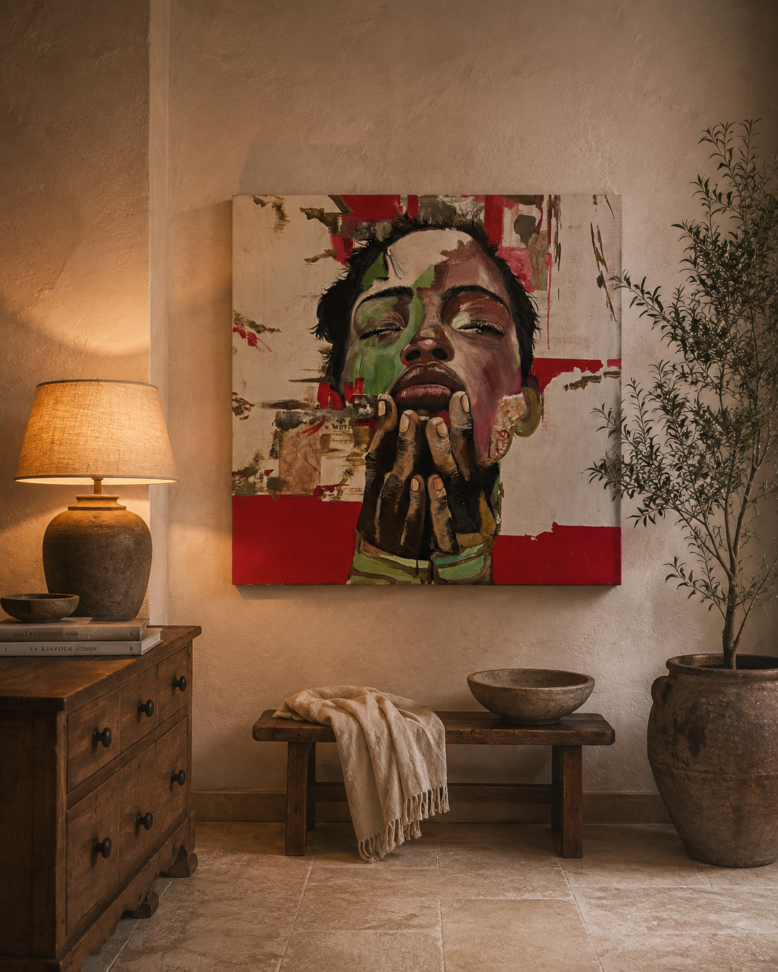 Clive Fredriksson original mixed media portrait displayed in a warm neutral interior with antique furniture