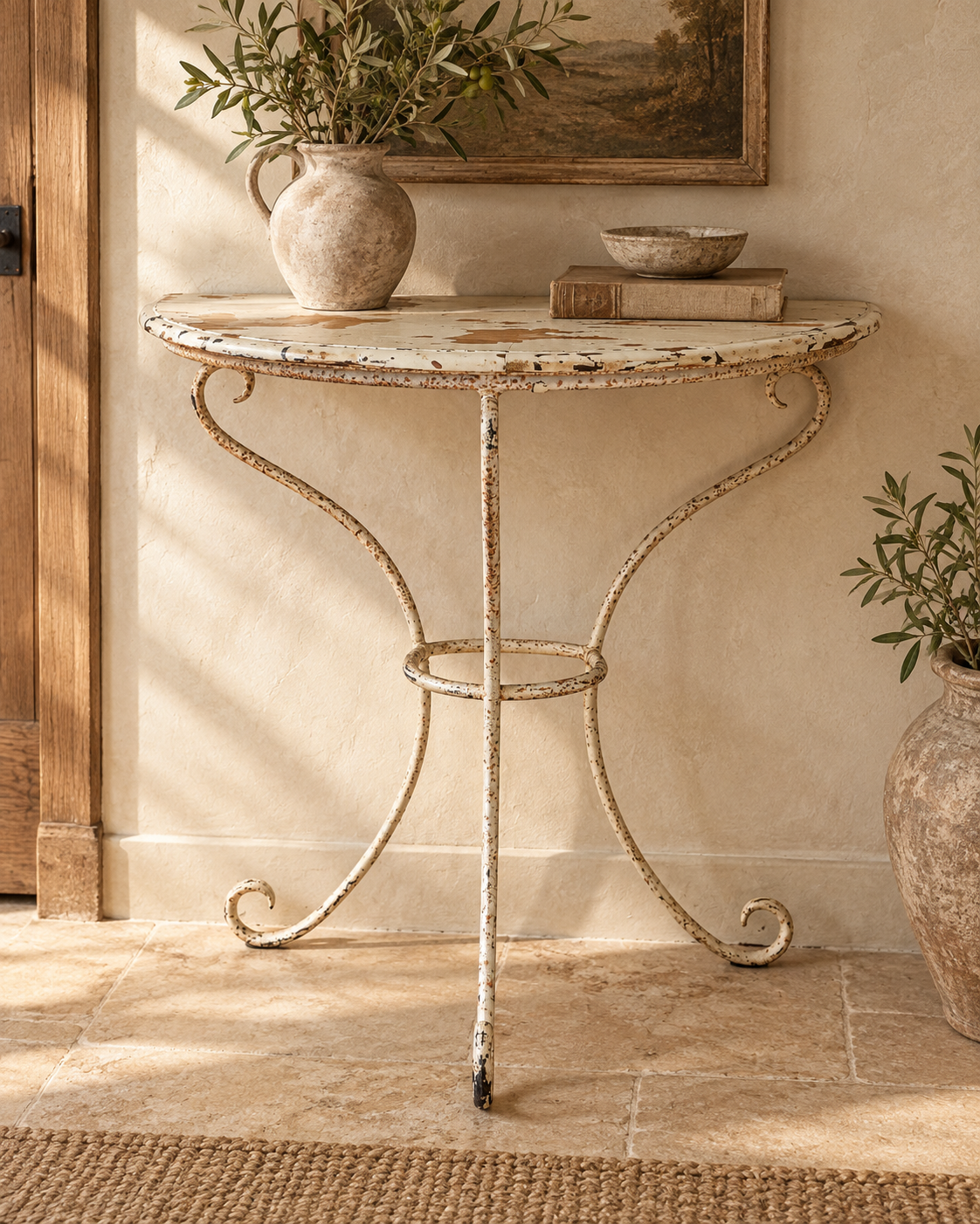 Vintage wrought iron demi-lune console table with distressed cream painted pine top styled in a warm neutral interior with limestone flooring and handcrafted ceramics.