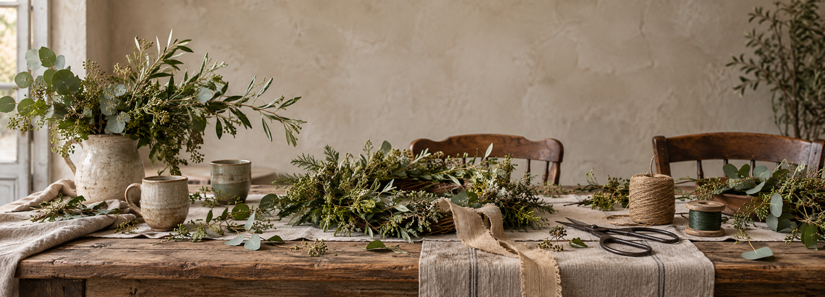 Rustic wooden workshop table with a foliage wreath, linen, florist scissors and ceramic cups