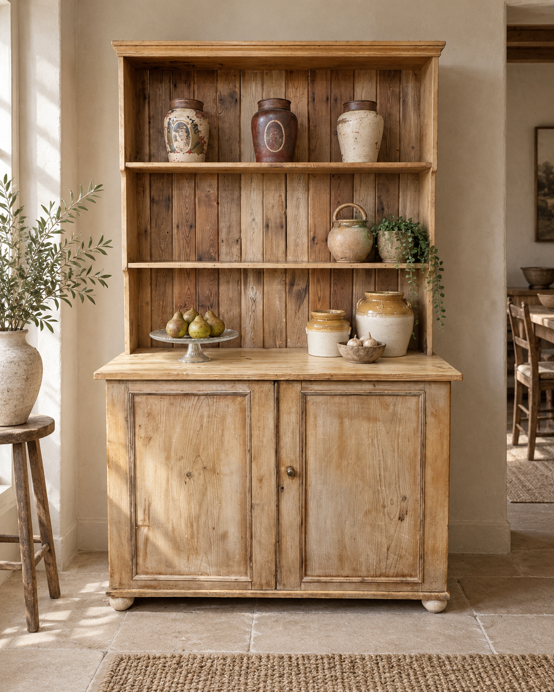 Antique pine kitchen dresser styled in a calm neutral interior with limestone floor, soft natural light and handcrafted ceramics.
