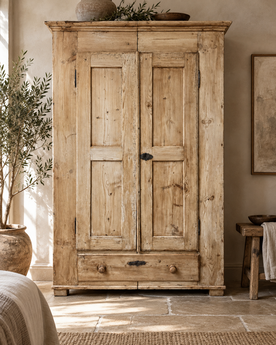 Antique Victorian pine two-door wardrobe with lower drawer styled in a warm neutral interior with limestone flooring and limewashed walls