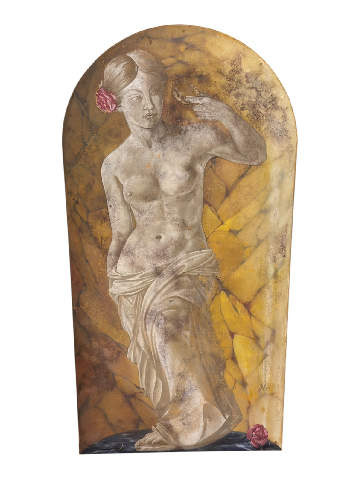 Full-length view showing the maiden’s stone-effect figure, flowing drapery, rounded arch and dark blue painted base.