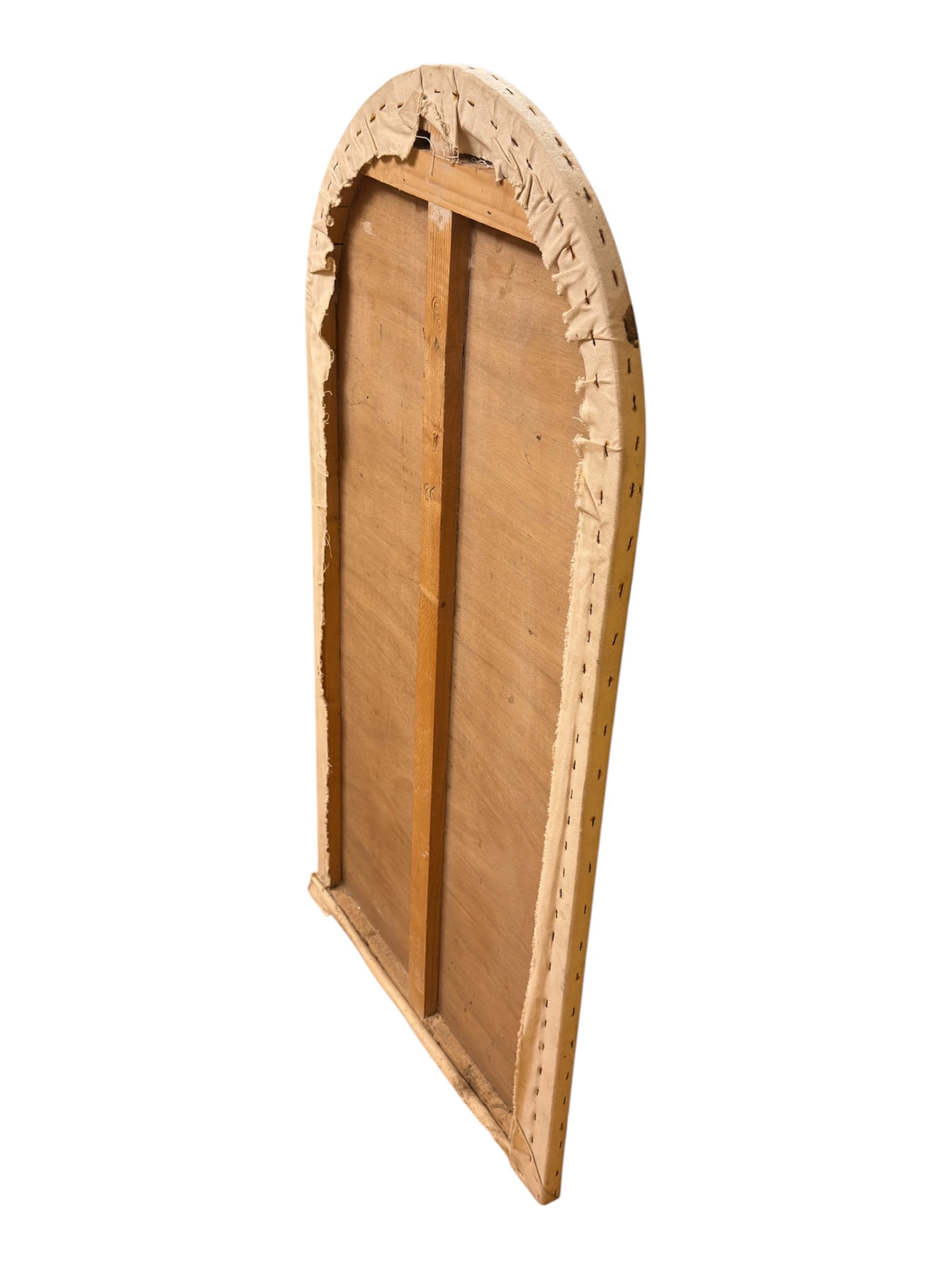 Angled rear view showing the artwork’s shallow profile, timber bracing and canvas edge fixings.
