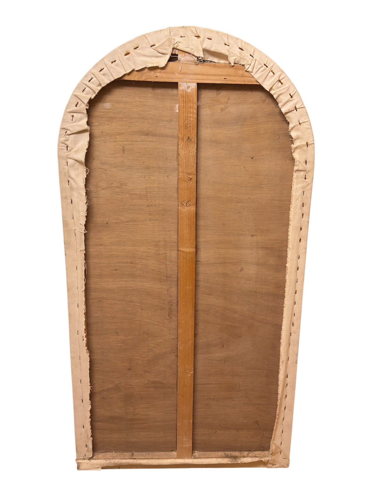 Reverse of the arched artwork showing its wooden backing, central timber brace and canvas wrapped around the edges.