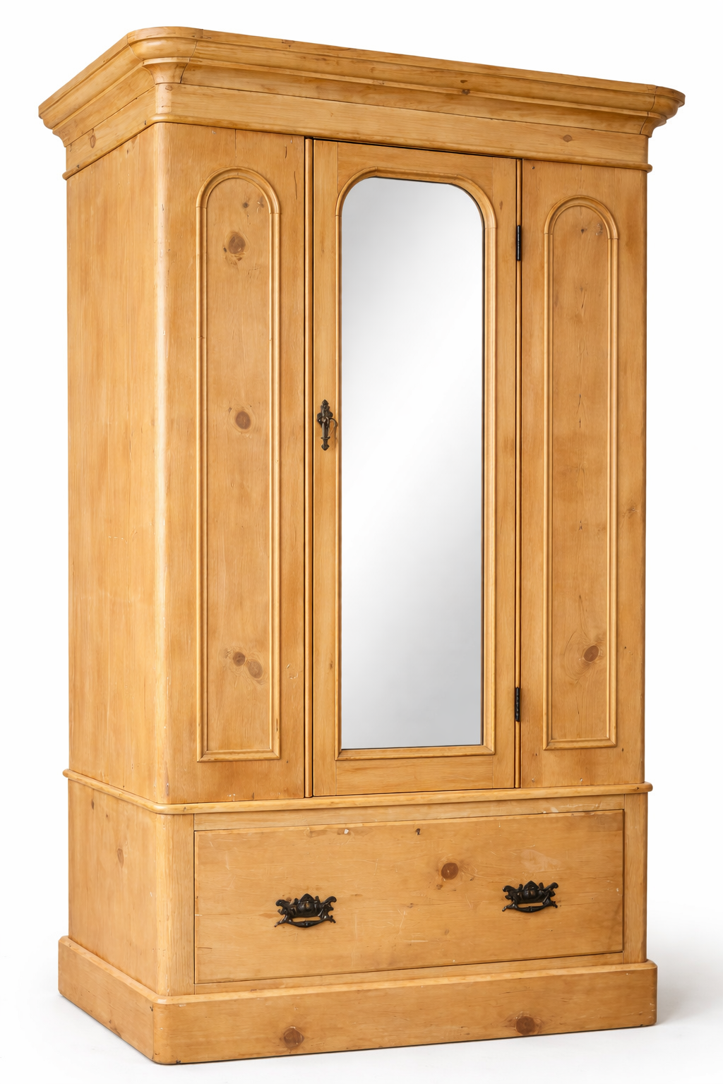 Antique pine single door wardrobe with original mirrored door on a white background.