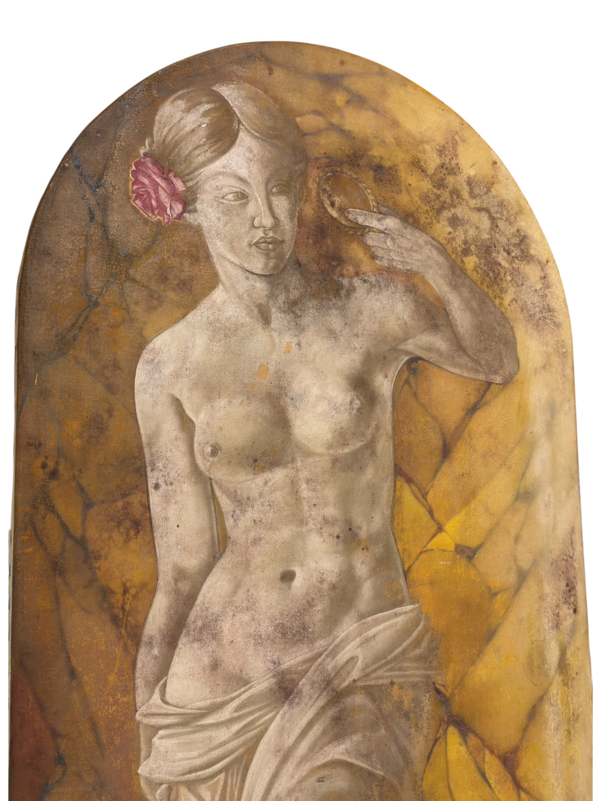 Angled close view of the maiden’s face, raised arm and mirror, showing surface wear and the golden marble-effect background