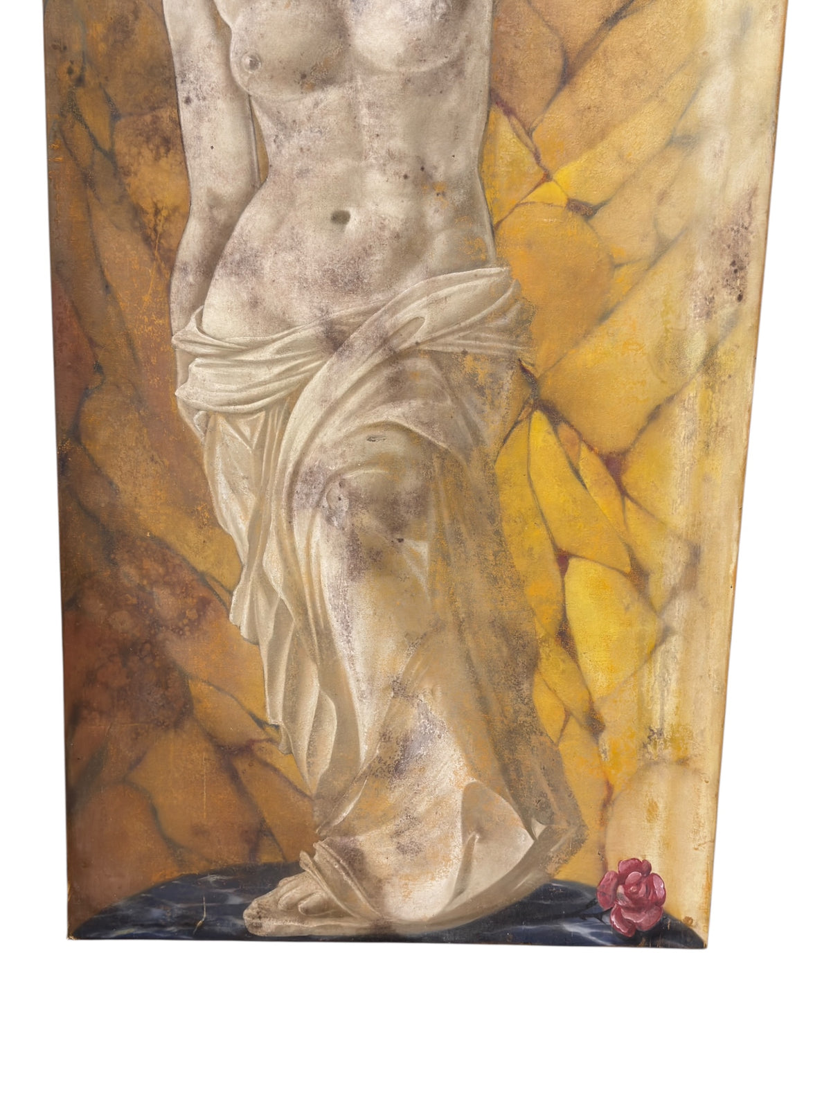 Lower detail showing folds of painted drapery, the maiden’s foot and a pink rose against the blue base and golden background