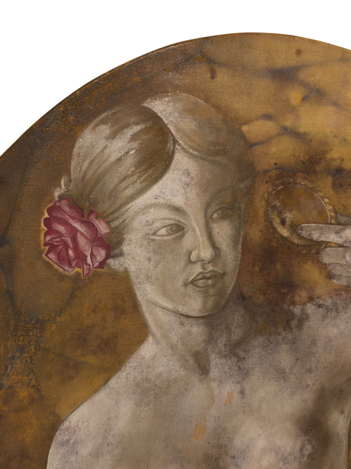 Close-up of the maiden’s painted face, swept hair and pink rose, with visible canvas texture and areas of paint wear.