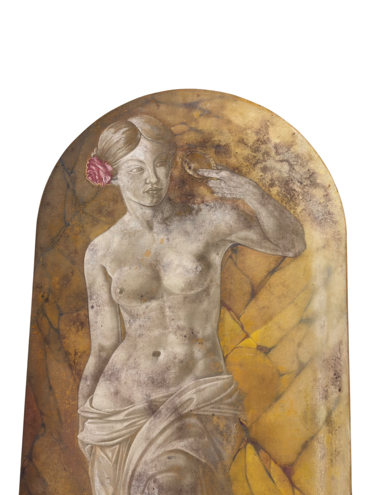 Upper detail of the classical maiden holding a circular mirror, with a pink rose in her hair and mottling across the painted surface