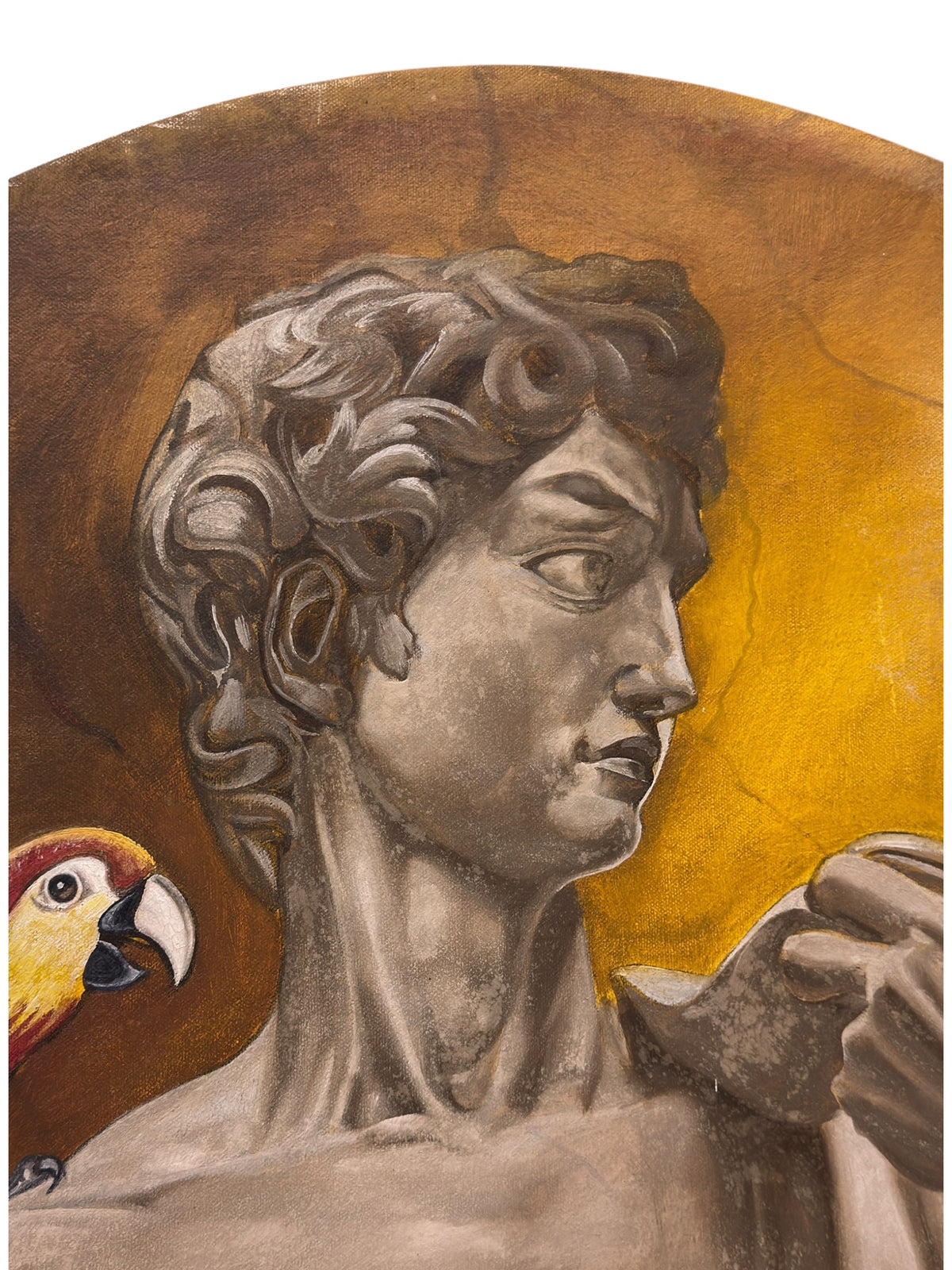 Close-up of David’s painted face and curled hair, showing brushwork, canvas weave and the golden background.
