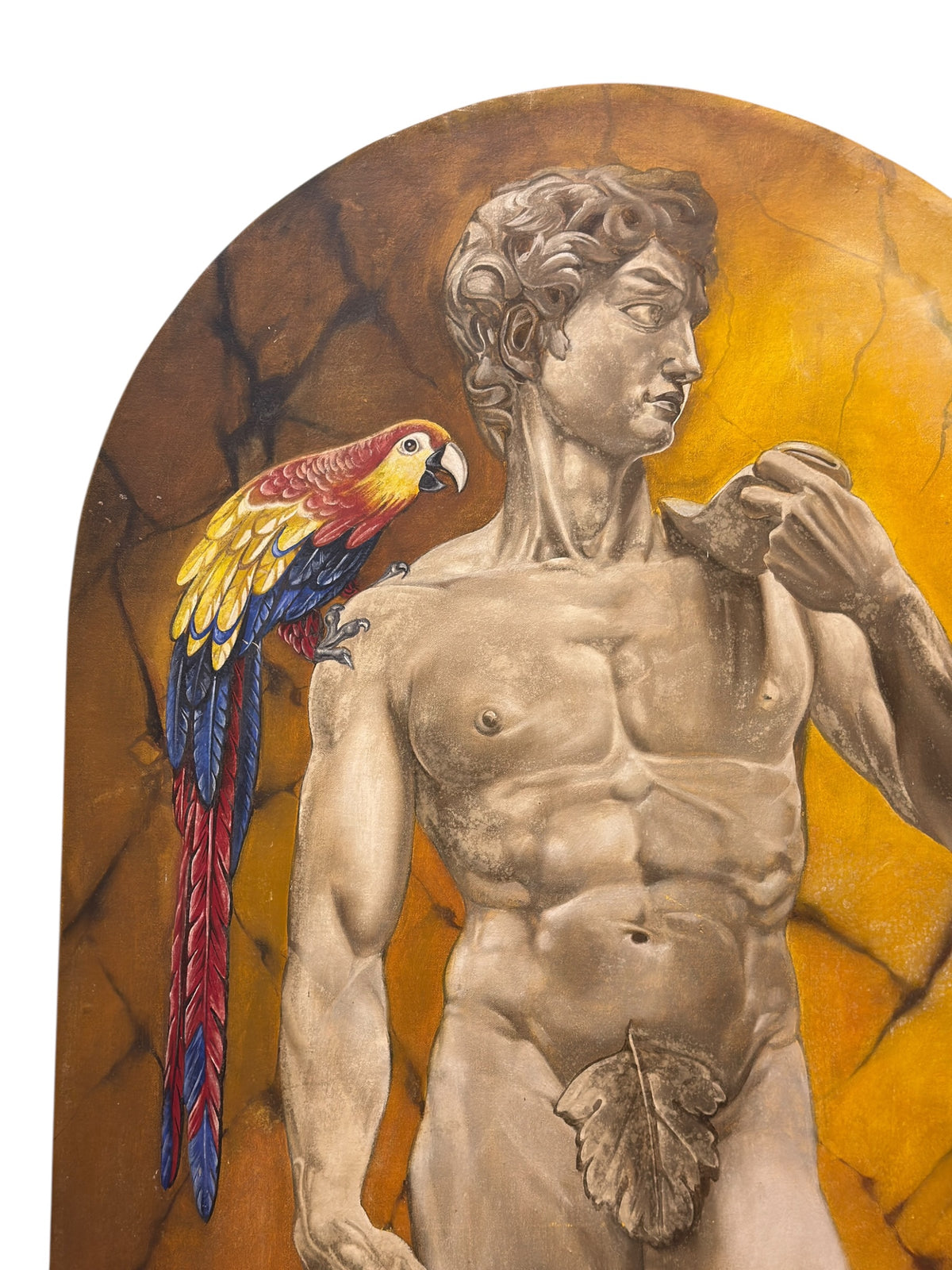 Close view of David’s stone-effect figure and the macaw’s colourful feathers, with visible painted texture and mottling.