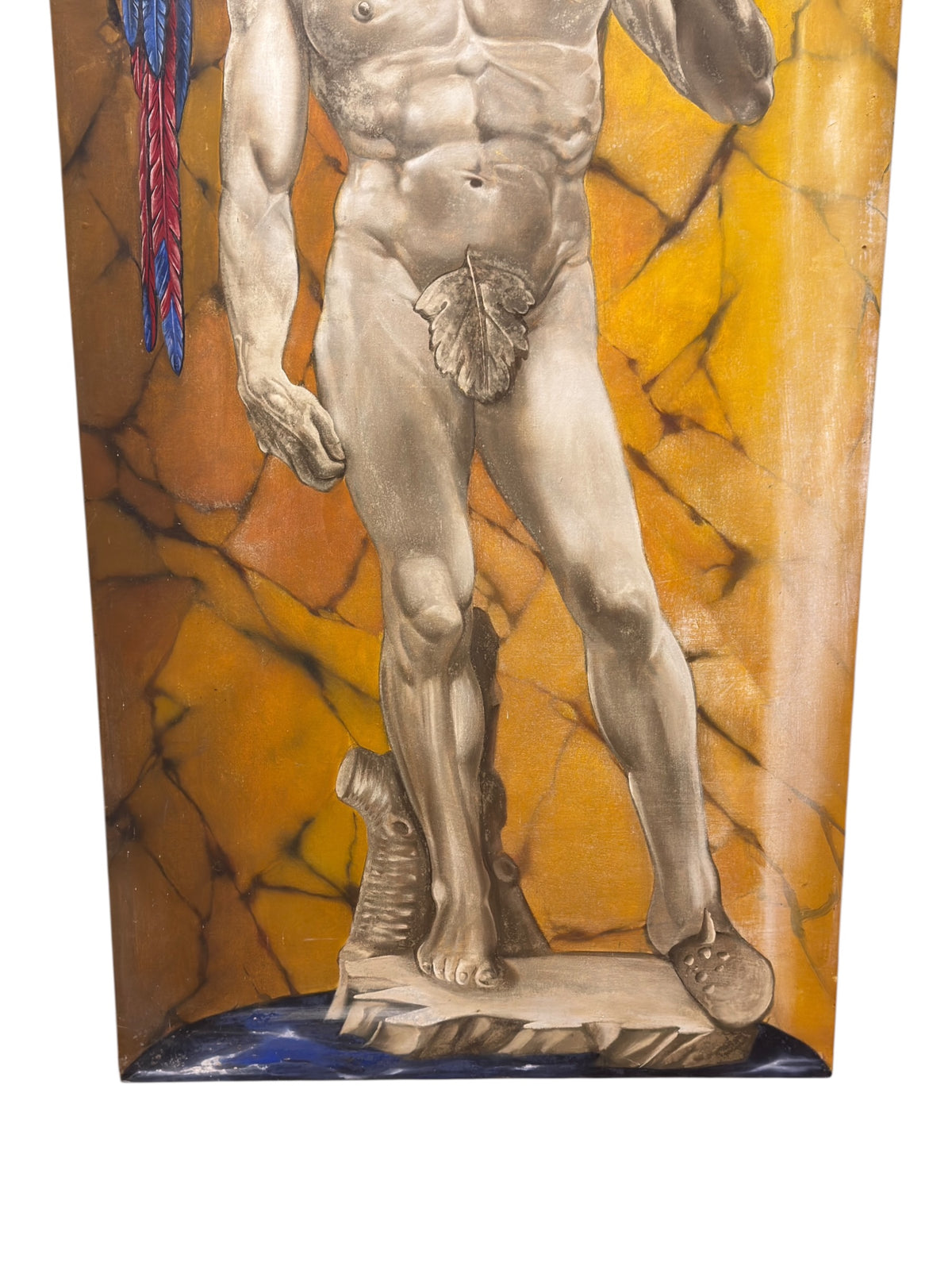 Detail of David’s painted legs, fig leaf and sculptural plinth against the ochre marble-effect background.