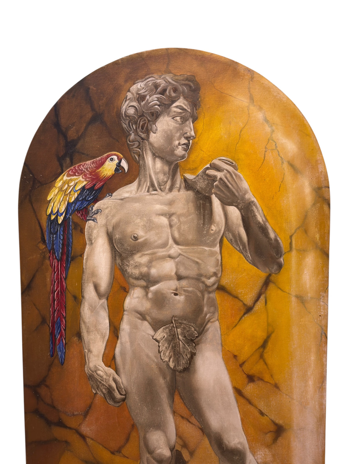 Upper section of the painting showing David’s face, torso and raised hand beside a red, yellow and blue macaw.