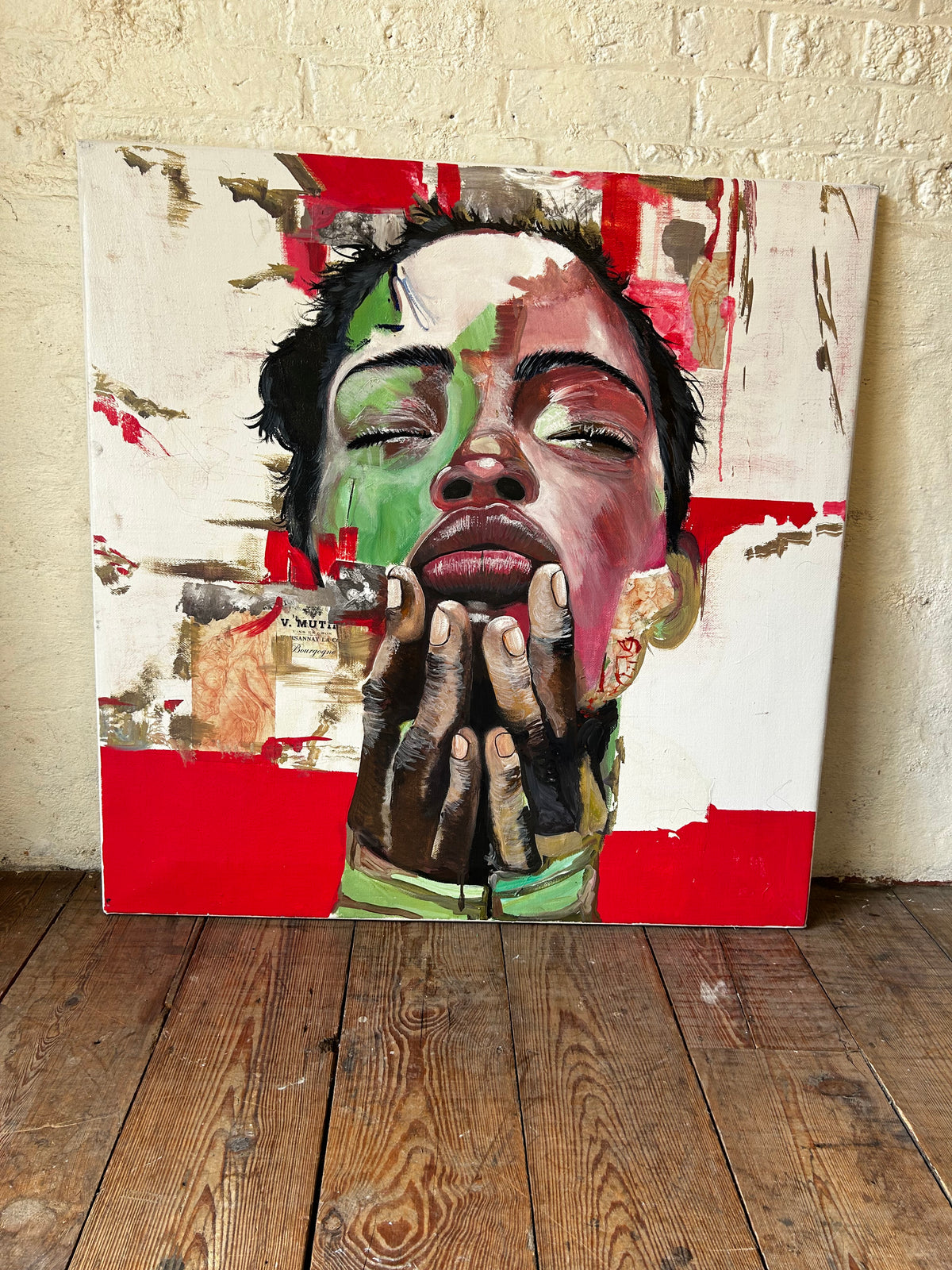 Original mixed media portrait by Clive Fredriksson featuring an expressive female figure with hands raised to her face