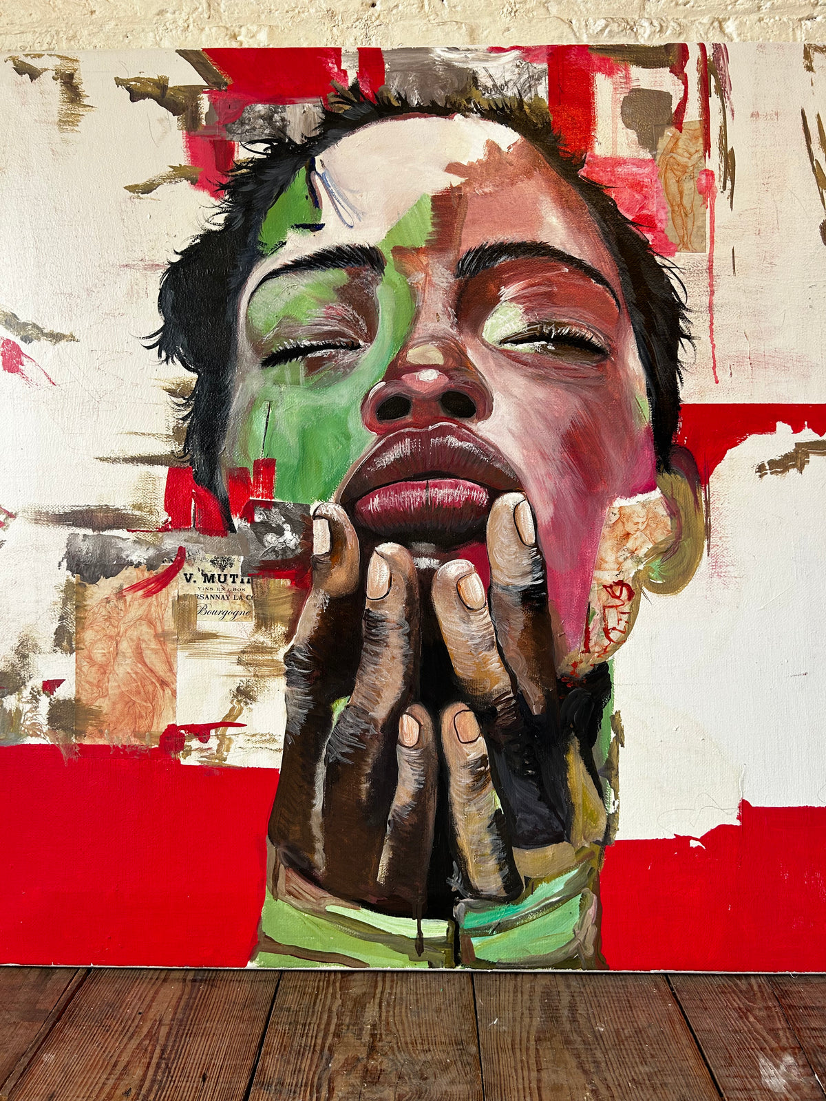 Clive Fredriksson original mixed media portrait on canvas with red, green and neutral tones, 100 × 100 cm
