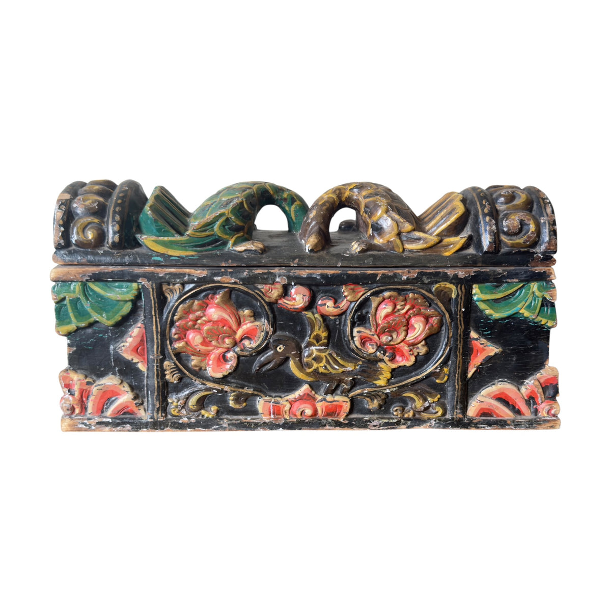 Antique Indian polychrome carved dowry box with bird and floral decoration, front view