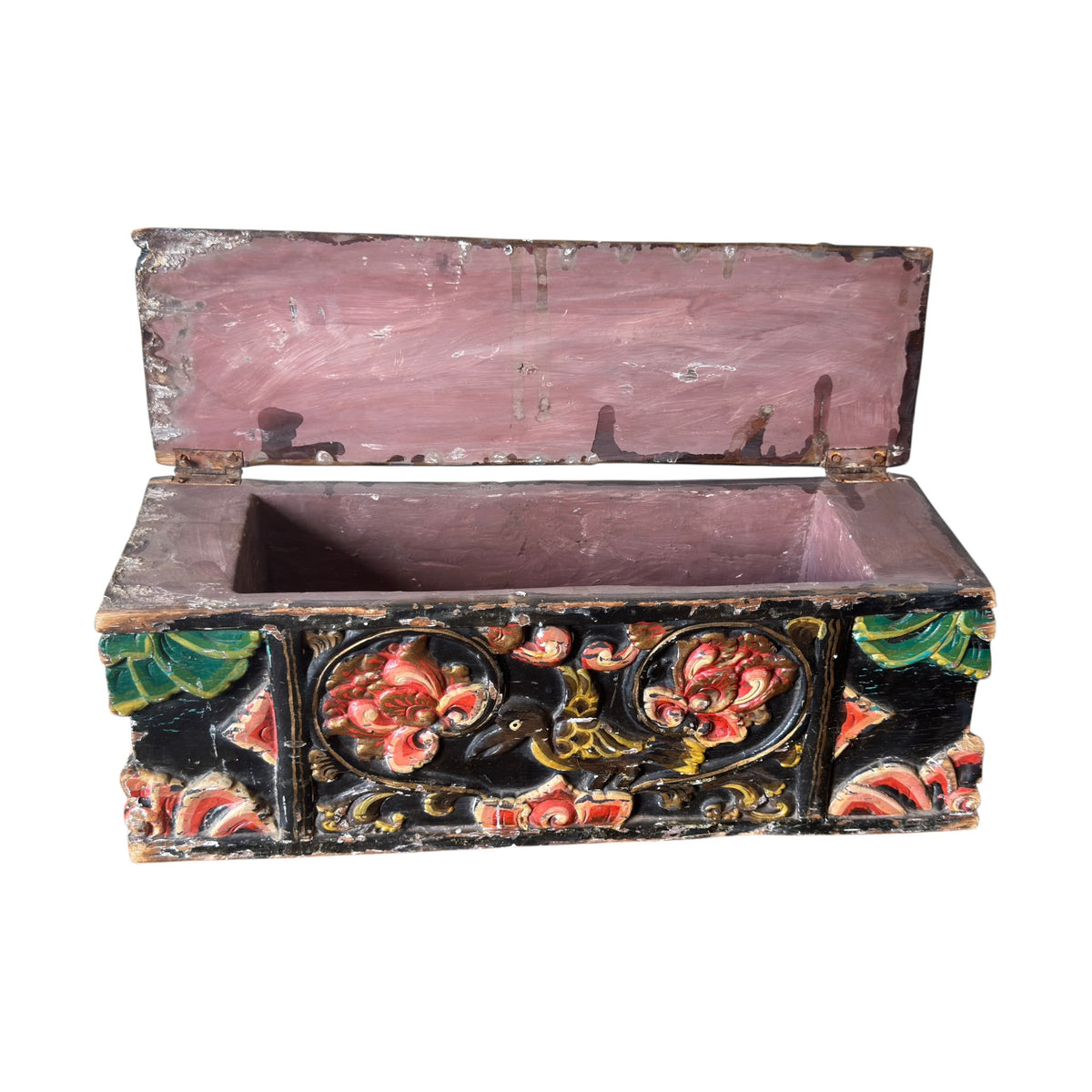 Antique Indian polychrome dowry box shown open with painted interior and carved exterior