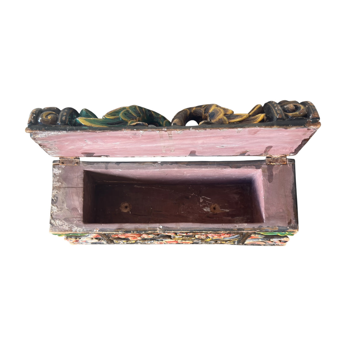 Antique Indian dowry box shown open from reverse with carved animal and floral decoration