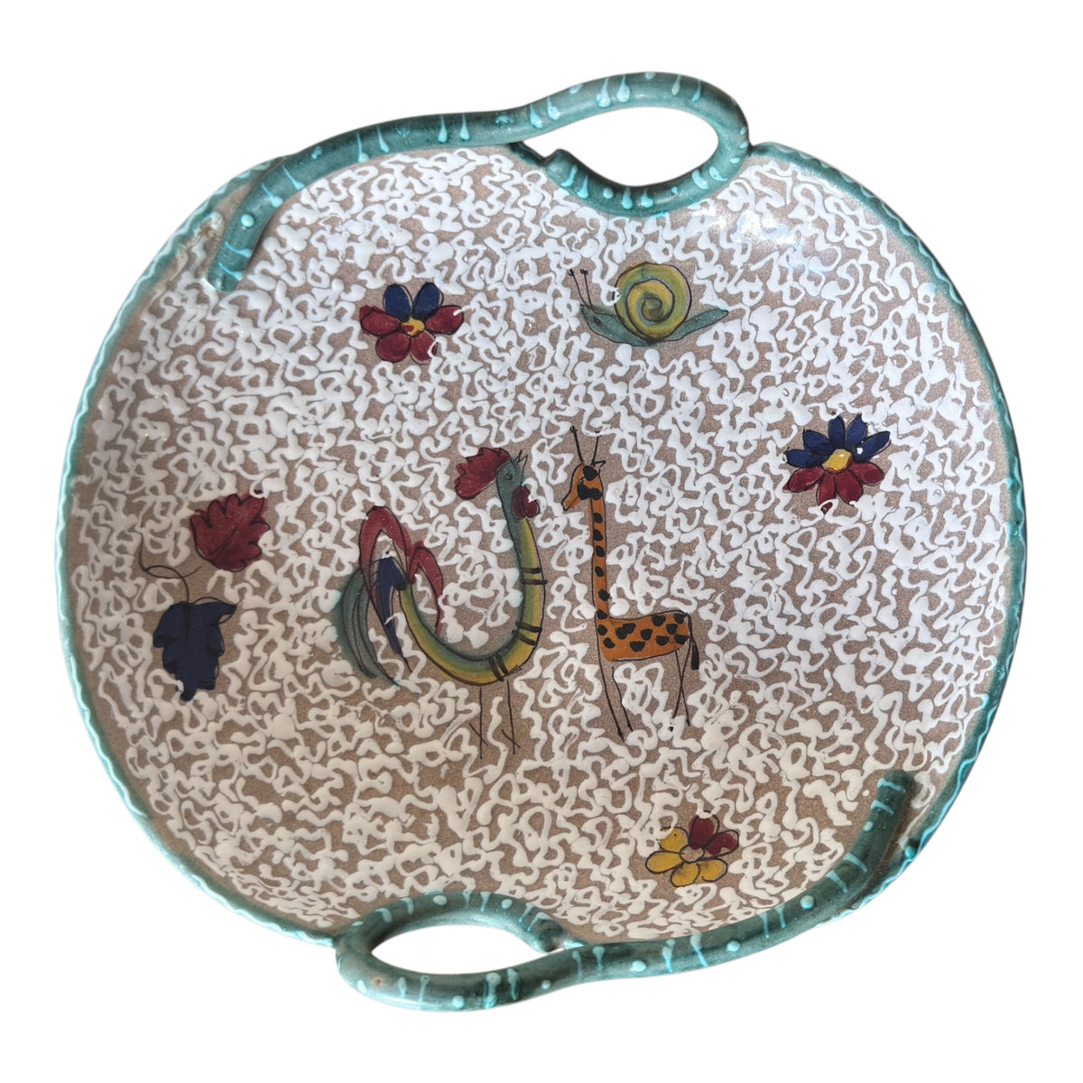 1950s ARS Artigiana Deruta Italian pottery bowl with turquoise handles and hand-painted animal decoration
