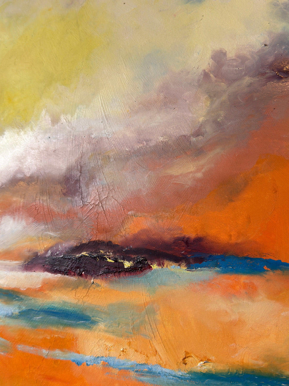 Close-up of Clive Fredriksson oil painting showing layered orange, turquoise, plum and yellow brushwork
