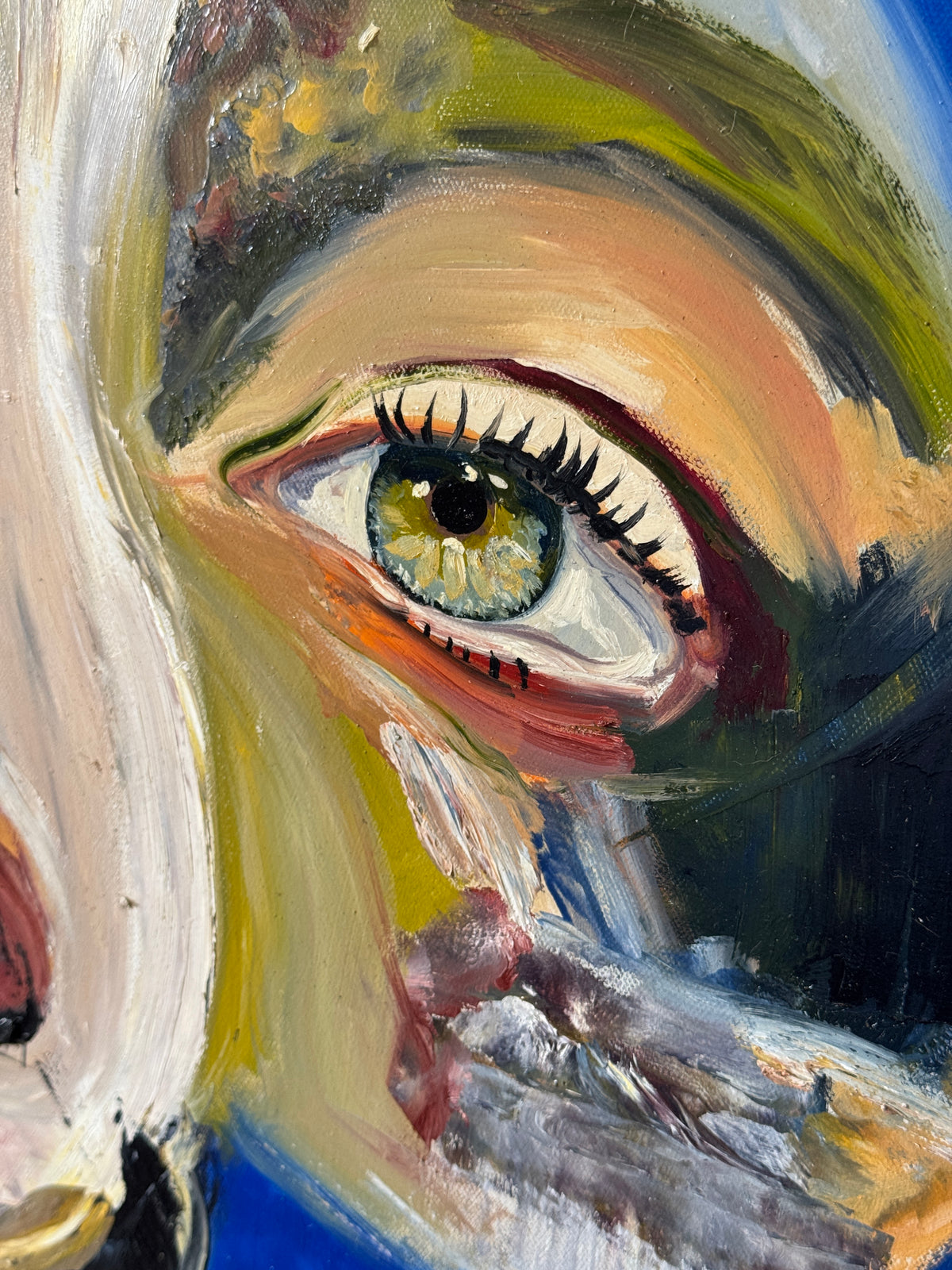 Detail of green eye and textured expressive brushwork in original contemporary portrait painting by Clive