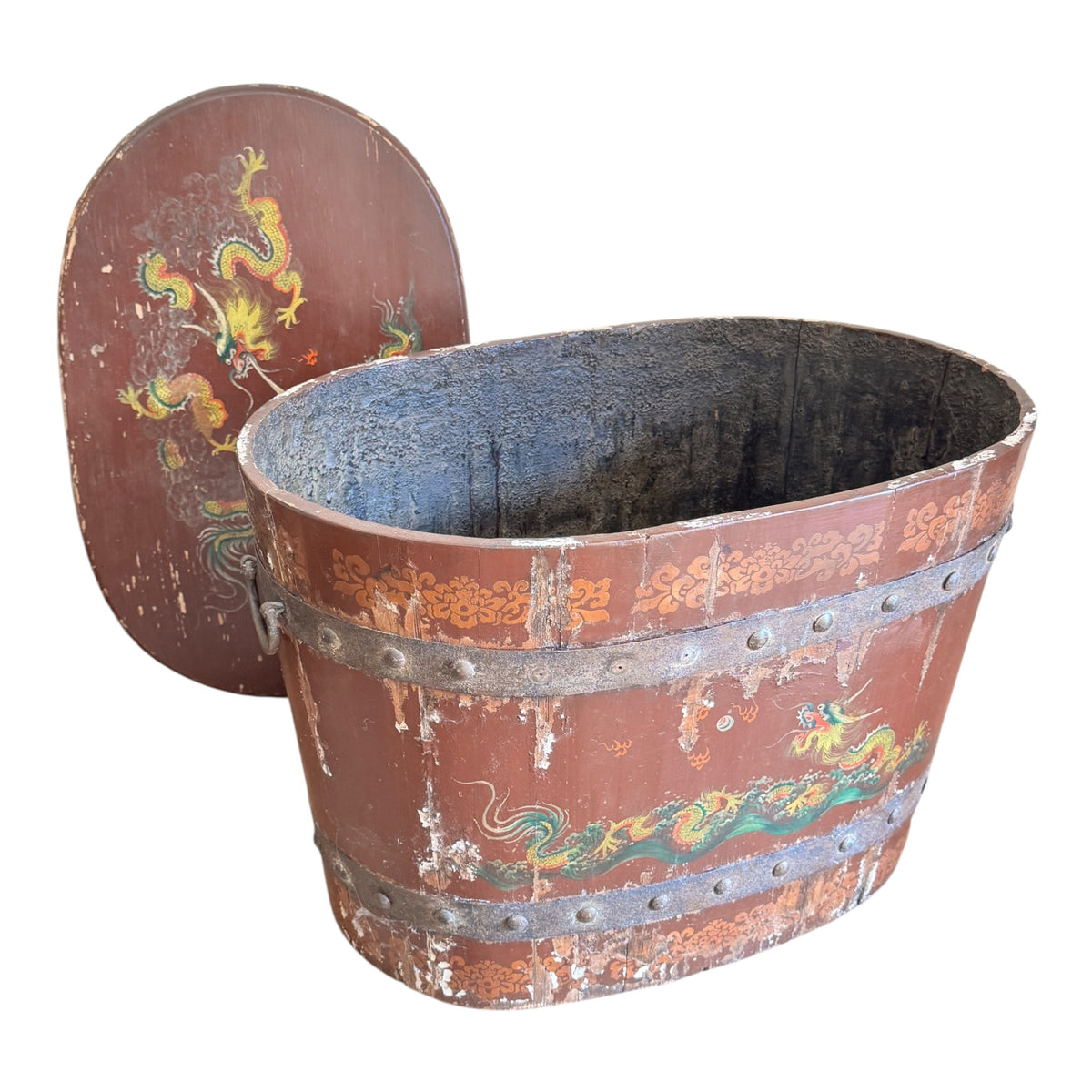 Antique Chinese Painted Dragon Storage Chest with Lid, c.1900