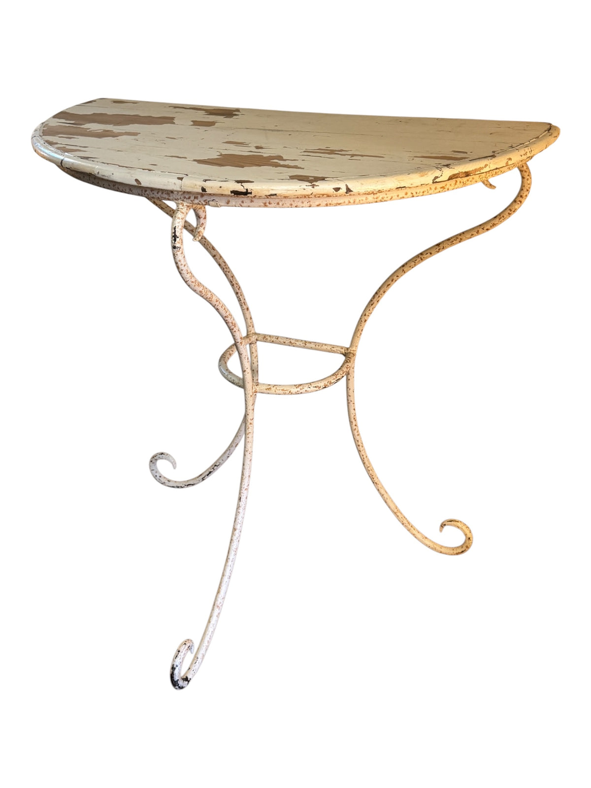 Full view of vintage wrought iron demi-lune console table with distressed painted pine top and elegant scrolled feet.