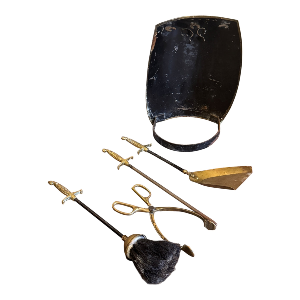 Antique Peerage Brass Fireside Companion Set with Sword Handles, c.1920